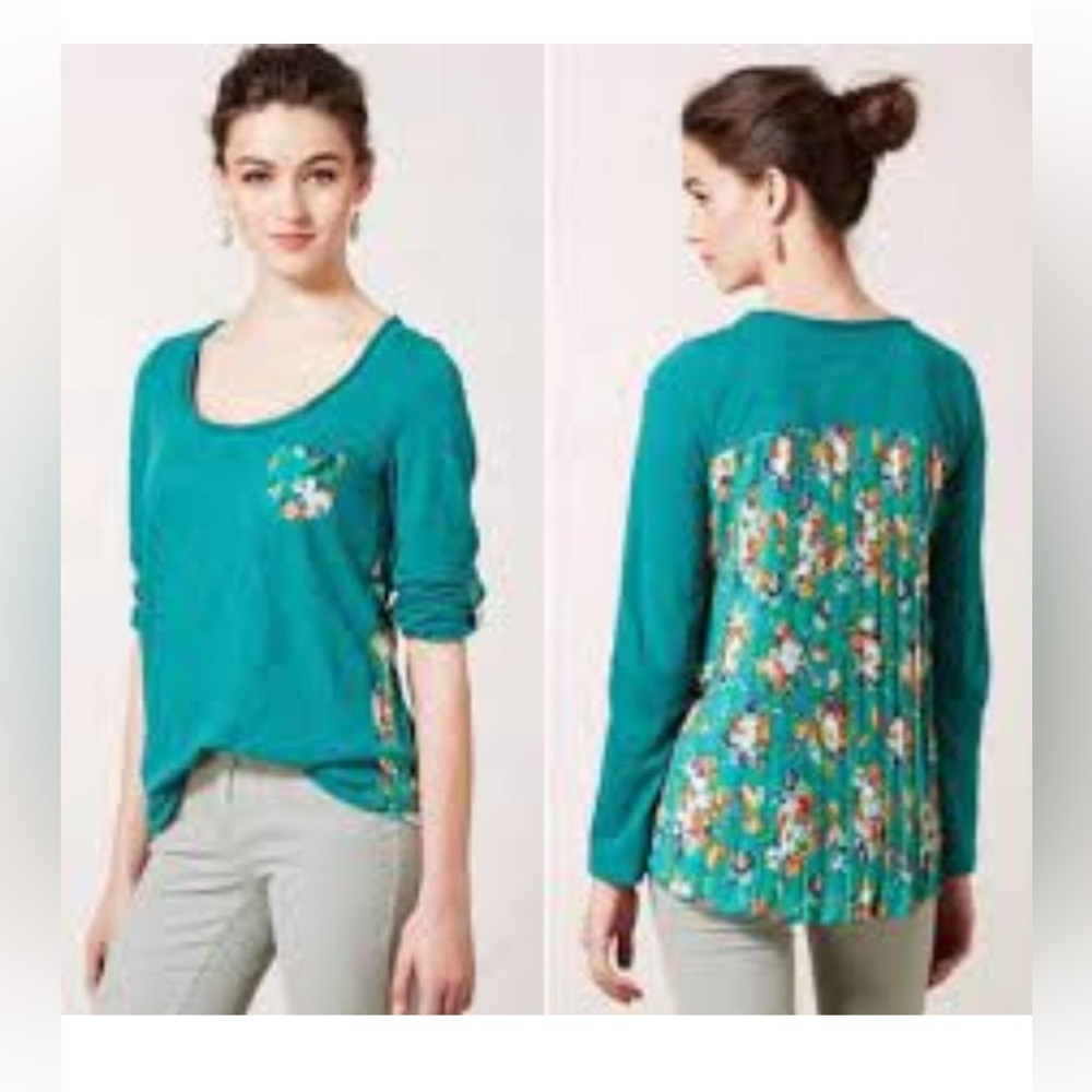 Anthropologie Paper Locket Floral Teal Pleated Top Size Small